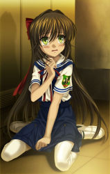 Rule 34 | 00s, 1boy, blush, clannad, covering crotch, covering privates, crossdressing, key (company), long hair, male focus, mutsuki (moonknives), ribbon, school uniform, shima katsuki, skirt, skirt tug, solo, thighhighs, trap