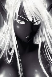 1girl absurdres black_lips black_skin breasts cleavage collarbone colored_eyelashes colored_skin commentary dark-skinned_female dark_skin elden_ring elden_ring_nightreign english_commentary glowing grey_eyes greyscale hair_behind_ear head_tilt highres large_breasts long_hair long_pointy_ears looking_at_viewer monochrome mostlybluewyatt parted_lips pointy_ears portrait recluse_(elden_ring) signature solo sweat upper_body v-shaped_eyebrows white_eyelashes white_hair