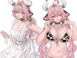 Rule 34 | 1girl, ahoge, alternate costume, animal ears, animal print, apron, aqua hair, arm behind back, armpit crease, bare shoulders, bell, bikini, bikini tug, black choker, braid, breasts, bright pupils, choker, closed mouth, collarbone, cow ears, cow horns, cow print, cow print bikini, cow tail, cowbell, diamond choker, ear bell, eyelashes, fqczmknaum71262, frilled apron, frills, gauze, gauze on cheek, genshin impact, hair between eyes, half-closed eyes, hands up, highres, horn ornament, horn ring, horns, large breasts, looking at viewer, looking down, low twin braids, midriff, multicolored hair, multiple views, naked apron, navel, parted lips, pink hair, pink lips, pink nails, print bikini, purple eyes, sideboob, skindentation, solo, streaked hair, swimsuit, tail, triangle print, twin braids, varesa (genshin impact), white apron, white background, white horns, white mouth, white pupils