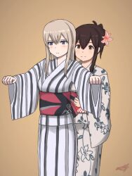 2girls akagi_(kancolle) alternate_costume alternate_hairstyle blonde_hair brown_eyes brown_hair floral_print graf_zeppelin_(kancolle) hair_between_eyes hair_bun hair_down japanese_clothes kantai_collection kimono long_hair multiple_girls outstretched_arms purple_eyes signature simple_background smile striped_clothes striped_kimono tanasiso vertical-striped_clothes vertical-striped_kimono white_background
