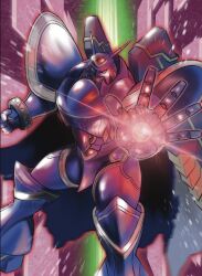 1other alphamon armor black_armor black_cape black_helmet cape clenched_hand digimon digimon_(creature) feet_out_of_frame forehead_jewel helmet highres knight mas_square open_hand reaching reaching_towards_viewer shoulder_armor solo