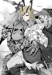 2boys armor black_sclera blonde_hair blue_eyes cape chainmail clawed_gauntlets colored_sclera dion_lesage dragon_horns dragon_wings ear_piercing earrings english_text fake_horns final_fantasy final_fantasy_xvi frilled_shirt frilled_sleeves frills gauntlets hand_on_another&#039;s_thigh helm helmet highres holding holding_polearm holding_weapon horned_helmet horns jewelry male_focus megubiru multiple_boys pants pauldrons piercing polearm shirt shoulder_armor simple_background smile spot_color terrence_(ff16) third_eye weapon white_background white_shirt wings