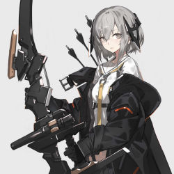 Rule 34 | 1girl, arrow (projectile), black gloves, bow (weapon), breasts, female focus, gloves, grey background, grey eyes, grey hair, hair between eyes, headgear, heavily armed high school girls, highres, holding, holding weapon, jacket, looking at viewer, necktie, neco, open clothes, open jacket, original, pleated skirt, roku (heavily armed high school girls), sailor collar, short hair with long locks, simple background, skirt, small breasts, solo, upper body, weapon
