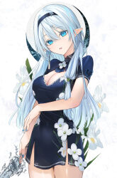 1girl black_hairband blue_dress blue_eyes blue_nails breasts china_dress chinese_clothes cleavage cleavage_cutout clothing_cutout commentary covered_navel dress elf flower grey_hair hair_between_eyes hairband head_tilt holding holding_sword holding_weapon hu_kotora hydrokinesis large_breasts long_hair nail_polish original parted_lips pointy_ears short_sleeves solo sword very_long_hair water weapon white_flower