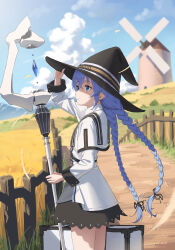 Rule 34 | 1girl, a domo, absurdres, black hat, black ribbon, black skirt, blue eyes, blue hair, blurry, blurry background, braid, capelet, closed mouth, fence, flat chest, from side, grey shirt, hair between eyes, hair ribbon, hat, highres, holding, holding staff, jacket, long hair, looking ahead, mage staff, mushoku tensei, path, ribbon, road, roxy migurdia, shadow, shirt, skirt, smile, solo, staff, suitcase, twin braids, very long hair, wheat field, white capelet, white jacket, windmill, witch hat, wooden fence