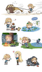 Rule 34 | &gt; &lt;, 1boy, 1girl, :3, apple, bad id, bad pixiv id, blonde hair, blue eyes, blush, boned meat, brown footwear, campfire, character request, chibi, chili pepper, closed mouth, cnm, eating, english text, facing another, fire, fish, flower, food, frog, from side, fruit, heart, highres, holding, holding flower, holding mushroom, holding shield, holding sword, holding weapon, hylian shield, lily pad, link, long hair, looking at another, looking away, meat, mushroom, musical note, nintendo, open mouth, pointy ears, ponytail, princess zelda, rain, shaded face, shield, short hair, short ponytail, silent princess, sitting, smile, speech bubble, standing, sword, the legend of zelda, the legend of zelda: breath of the wild, wariza, weapon, wet, wolf link, zzz