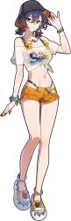 1girl belle_(zenless_zone_zero) belly blue_hair breasts cleavage closed_mouth commentary crossed_bangs english_commentary fish_hat green_eyes hair_between_eyes highres looking_at_viewer medium_breasts navel official_art orange_shorts sandals shorts simple_background smile stomach third-party_source white_background white_sandals zenless_zone_zero