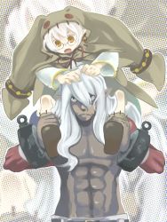 Rule 34 | 2boys, abs, dark skin, disgaea, glasses, imoda, long hair, male focus, multiple boys, nippon ichi, robe, topless male, sinner (disgaea), skull (disgaea), white hair, yellow eyes