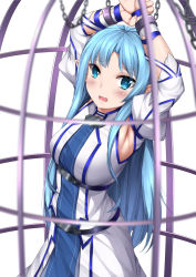 armpits asuna_(sao) asuna_(sao-alo) belt blue_eyes blue_hair blush cage cameltoe commentary cuffs english_commentary highres jacket long_hair looking_at_viewer open_mouth pointy_ears sheita sidelocks solo sword_art_online upper_body white_jacket