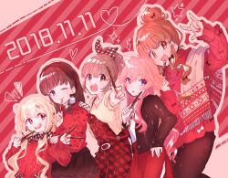 5girls between_fingers black_bow black_jacket blonde_hair blush bow brown_hair commentary_request dated fingernails food futaba_anzu hair_bow hair_bun hair_extensions hand_on_another&#039;s_shoulder heart heart_of_string heart_print hexagram highres holding holding_food holding_pocky hori_yuko idolmaster idolmaster_cinderella_girls jacket leather leather_jacket long_hair looking_at_viewer m/ medium_hair moroboshi_kirari multiple_girls nail_polish ninomiya_asuka orange_hair outline overalls pink_hair pink_outline pocky pocky_day ponytail red_overalls red_shirt red_skirt red_sweater sakuma_mayu serizawa_serizane shirt single_hair_bun skirt smile sparkle star_(symbol) star_of_david sweater twintails very_long_hair