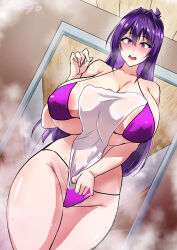 1girl absurdres areola_slip bare_shoulders bathroom bikini blush bolobolo breasts cameltoe covered_erect_nipples groin highres huge_breasts indoors long_hair maken-ki! navel nijou_aki pubic_hair purple_bikini purple_eyes purple_hair solo steam stomach swimsuit towel