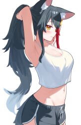 1girl absurdres alternate_costume animal_ears armpits arms_up black_hair black_shorts breasts cleavage highres hololive large_breasts long_hair looking_at_viewer multicolored_hair navel ookami_mio ponytail red_hair shorts solo streaked_hair verdey very_long_hair virtual_youtuber wolf_ears wolf_girl yellow_eyes
