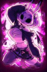 1girl absurdres animal_ears blood bloody_knife bob_cut buckle choker coderedchili colored_skin cropped_hoodie hair_ornament hand_on_own_head heart heart-shaped_buckle heart_hair_ornament highres holding holding_knife hood hoodie knife long_sleeves mask midriff neon_violet neon_white purple_hair rabbit_ears rabbit_mask short_hair skirt solo thighhighs variant_set white_skin