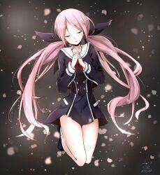 1girl absurdres black_bow black_dress black_jacket black_ribbon bow bowtie breasts buttons chaos;child closed_eyes closed_mouth collarbone dated double-breasted dress dress_vest floating_hair hair_bow hair_ribbon head_tilt hekiho_academy hekiho_academy_school_uniform highres interlocked_fingers jacket legs_up loafers long_hair long_sleeves low_twintails minamisawa_senri own_hands_clasped own_hands_together parted_bangs pink_hair red_bow red_bowtie ribbon sailor_collar sailor_shirt school_uniform science_adventure shiny_skin shirt shoes short_dress simple_background small_breasts smile socks solo thick_thighs thighs twintails twitter_username upper_body very_long_hair white_background white_sailor_collar white_socks white_trim yakku