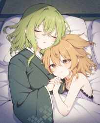 Rule 34 | 2girls, alternate costume, bare shoulders, blanket, blonde hair, breasts, closed eyes, closed mouth, commentary request, crossed bangs, floor, floral print, frills, futon, green hair, green kimono, hair between eyes, highres, holding hands, indoors, japanese clothes, kimono, long sleeves, looking at another, lying, medium breasts, multiple girls, on bed, on side, open mouth, pillow, pointy hair, purple tank top, short hair, sleeping, smile, soga no tojiko, tama (soon32281), tank top, touhou, toyosatomimi no miko, wide sleeves, yellow eyes, yuri