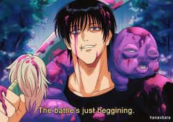1boy artist_name black_hair black_shirt blood blood_in_hair blood_on_clothes blood_on_face commentary english_commentary english_text fushiguro_touji grin hanavbara holding holding_weapon jujutsu_kaisen looking_down male_focus mixed-language_commentary purple_blood purple_eyes retro_artstyle scar scar_on_face scar_on_mouth shirt short_hair smile solo subtitled sword teeth tree typo weapon
