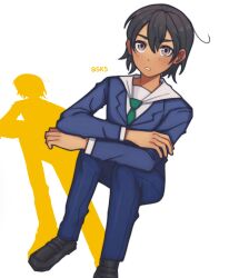 Rule 34 | 1girl, 2021, alternate costume, asakusa midori, crossed arms, davriann, eizouken ni wa te wo dasu na!, english text, pants, short hair, twitter, white background