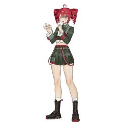 1girl absurdres ahoge ankle_boots ankle_socks belt black_boots black_shirt blush boots brown_belt buttons collared_shirt drill_hair fellatio_gesture fingernails flat_chest full_body hair_between_eyes hands_up heart heart-shaped_pupils highres junlin_drake kasane_teto kasane_teto_(voicepeak) long_sleeves miniskirt navel pleated_skirt print_shirt print_skirt red_belt red_hair red_nails shirt simple_background skirt skirt_set socks solo sound_wave standing symbol-shaped_pupils tongue tongue_out transparent_background twin_drills utau voicepeak wing_collar