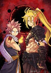 2boys abs armor blonde_hair crossed_arms crossover fairy_tail highres khazan_(the_first_berserker:_khazan) long_hair male_focus mashima_hiro multiple_boys natsu_dragneel pauldrons pink_hair ponytail scarf shoulder_armor shoulder_tattoo spiked_hair tattoo the_first_berserker:_khazan white_scarf