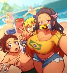 2girls abs absurdres ass beach bikini brazilian_flag brother_and_sister can food highres kamado_nezuko kimetsu_no_yaiba long_hair meat multiple_girls sand semi_draws shirt siblings swimsuit water
