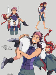 ... 1boy 1girl @_@ anger_vein ass asticassia_school_uniform barefoot black_footwear black_hairband boots brown_hair carrying carrying_over_shoulder clenched_teeth closed_eyes grey_background guel_jeturk gundam gundam_suisei_no_majo hair_between_eyes hair_tie hairband highres jacket jacket_on_shoulders long_hair long_sleeves mullet multi-tied_hair multicolored_hair multiple_views open_mouth pants parted_bangs piggyback pink_hair princess_carry red_hair school_uniform shirt short_hair_with_long_locks sleeveless sleeveless_shirt suletta_mercury sweatdrop teeth thick_eyebrows two-tone_hair unconscious wakaya_hana white_jacket white_pants