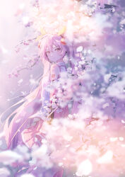 1girl absurdres awai_uta bare_shoulders blurry blurry_foreground breasts cherry_blossoms cherry_hair_ornament closed_mouth collared_shirt commentary_request cowboy_shot detached_sleeves double-parted_bangs food-themed_hair_ornament frilled_shirt frilled_shirt_collar frills from_behind grey_sky hair_between_eyes hair_ornament hatsune_miku headphones headset highres long_hair long_sleeves looking_at_viewer looking_back miniskirt number_tattoo outdoors pink_eyes pink_hair pink_skirt pink_sleeves pink_theme pleated_skirt sakura_miku shirt shoulder_tattoo sidelighting skirt sky sleeveless sleeveless_shirt small_breasts smile solo standing tattoo tree twintails very_long_hair vocaloid white_petals white_shirt wind