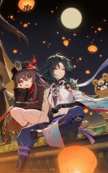 Rule 34 | 1girl, 1other, 2boys, ahoge, arm tattoo, bare legs, bead necklace, beads, black hair, blush, brown hair, chinese clothes, chinese commentary, commentary request, genshin impact, gloves, green hair, guoba (genshin impact), hat, highres, hu tao (genshin impact), jewelry, lantern, lofter username, long hair, long sleeves, multicolored hair, multiple boys, necklace, night, open mouth, outdoors, paper lantern, red eyes, rj (lingshih10), sky lantern, smile, tassel, tattoo, twitter username, watermark, weibo watermark, xiao (genshin impact), yellow eyes, zhongli (genshin impact)