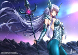 1girl adsouto armor aurora breasts elbow_gloves fingerless_gloves gloves hand_on_own_hip headgear highres holding holding_polearm holding_weapon long_hair looking_at_viewer medium_breasts pantyhose polaris_hilda polearm purple_eyes purple_hair saint_seiya shoulder_armor signature solo spear standing variant_set very_long_hair weapon wind wind_lift