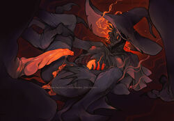 1boy 1girl animal_penis anus ass bloodborne breasts erection glowing_cum glowing_nipples hand_on_own_crotch hat holding_another&#039;s_leg huge_penis keeper_of_the_old_lords large_hat lying monster on_back orange_penis out_of_frame patreon_username penis pussy size_difference skeleton skull small_breasts smoke spread_legs watchdog_of_the_old_lords wide_sleeves witch_hat xxxenokun