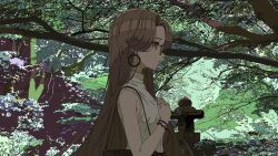 Rule 34 | 1girl, absurdres, bare shoulders, bracelet, brown eyes, brown hair, commentary request, earrings, from side, glasses, hands up, highres, jewelry, ligne claire, long hair, ninuru, original, outdoors, own hands together, parted lips, profile, solo, stone lantern, sweater, tree, turtleneck, turtleneck sweater, upper body