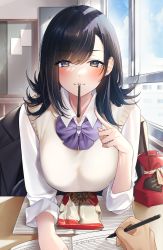 1girl beige_vest black_jacket blue_eyes blush bulletin_board classroom collared_shirt commentary_request desk food food_in_mouth gift highres holding holding_pencil in_mouth indoors jacket long_hair looking_at_viewer notebook original parted_bangs pencil pocky pocky_in_mouth pov school_desk school_uniform shirt sino42 sleeves_rolled_up swept_bangs valentine window