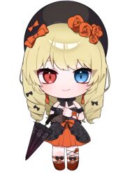 1girl black_hat blonde_hair blue_eyes bond_en bondlive bonnet bow breasts brown_shoes chibi closed_mouth closed_umbrella corset dress drill_hair emilie_elysee_millford flower full_body hair_bow hair_flower hair_ornament hat heterochromia holding holding_umbrella long_hair looking_at_viewer orange_bow orange_flower purple_corset red_eyes shoes smile solo standing transparent_background umbrella virtual_youtuber wata_post