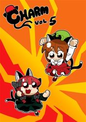 2girls :3 animal_ear_fluff animal_ears bkub black_bow black_footwear bow bowtie braid brown_hair cat_ears cat_tail chen cover dress fighting_stance frilled_dress frills green_dress green_hat hair_bow hat kaenbyou_rin long_sleeves looking_down looking_up lowres mob_cap multicolored_background multiple_girls multiple_tails orange_eyes red_dress red_footwear red_hair simple_background tail third-party_source title touhou twin_braids white_neckwear