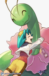 1girl :d affectionate artist_name bike_shorts closed_eyes commentary flipped_hair game_freak gen_2_pokemon green_hair happy hat hug jacket kris_(pokemon) meganium nintendo open_mouth orlek patreon_logo pokegear pokemon pokemon_(creature) pokemon_gsc red_shirt shirt simple_background smile watermark web_address white_background white_jacket yellow_hat