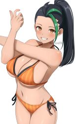 1girl bikini black_hair breasts cleavage green_hair grin high_ponytail highres large_breasts navel nemona_(pokemon) nintendo orange_bikini pokemon pokemon_sv ponytail simple_background smile solo stretching surippa1010 swimsuit white_background yellow_eyes