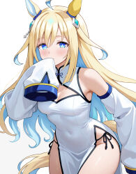1girl ahoge animal_ears armpits blush breasts china_dress chinese_clothes cleavage closed_mouth detached_sleeves dress fuji_noriho hair_ornament highres horse_ears horse_girl horse_tail long_sleeves looking_at_viewer multicolored_hair neo_universe_(umamusume) panties small_breasts solo string_panties tail two-tone_hair umamusume underwear white_background