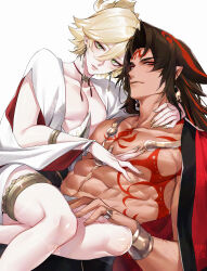 2boys absurdres asura_(onmyoji) bishounen black_hair blonde_hair chest_tattoo closed_mouth commentary commentary_request crossdressing earrings eyeliner facial_mark green_eyes highres jewelry konsai_2 light_smile long_hair looking_at_viewer makeup male_focus multicolored_hair multiple_boys muscular muscular_male onmyoji pectorals red_eyeliner red_hair red_tattoo short_hair simple_background skinny streaked_hair taishakuten_(onmyoji) tattoo thighs trap two-tone_hair upper_body white_background yaoi