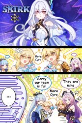 Rule 34 | ..., 1boy, 4girls, :d, ^ ^, absurdres, aether (genshin impact), ahoge, ayaka (genshin impact), black leotard, blonde hair, breasts, chibi, citlali (genshin impact), closed eyes, commentary, cryo symbol (genshin impact), english commentary, english text, floating headgear, flower, genshin impact, hair between eyes, hair flower, hair ornament, headgear, heattech leotard, high ponytail, highres, holding, large breasts, leotard, long hair, lumine (genshin impact), multicolored hair, multiple girls, open mouth, parted lips, pink hair, ponytail, primogem, pun-rii, purple hair, red eyes, short hair with long locks, skirk (genshin impact), smile, speech bubble, turtleneck, very long hair, white flower, white hair