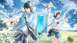 1boy 1girl abby_(wuthering_waves) absurdres bag black_bag black_hair blue_jacket blue_pants blue_skirt blue_sky cat chinese_commentary clothes_around_waist clothes_writing cloud cloudy_sky colored_inner_hair commentary_request copyright_name crop_top dual_persona female_rover_(wuthering_waves) grey_hair hair_between_eyes hand_up headphones highres incredibly_absurdres jacket looking_at_viewer male_rover_(wuthering_waves) midriff multicolored_hair navel official_alternate_costume official_art open_door outdoors pants rover_(wuthering_waves) shirt shirt_around_waist short_sleeves shoulder_bag skirt sky tied_shirt white_shirt wuthering_waves yellow_eyes yeyuanqianqianqian