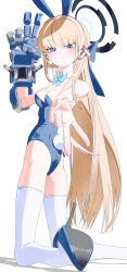 Rule 34 | 1girl, absurdres, animal ear hairband, animal ears, bare shoulders, blonde hair, blue archive, blue bow, blue bowtie, blue eyes, blue footwear, blue hairband, blue leotard, blunt bangs, bm tol, bow, bowtie, breasts, cleavage, detached collar, double v, fake animal ears, fake tail, hair between eyes, hair bow, hairband, high heels, highres, kneeling, leotard, long hair, looking at viewer, mechanical arms, playboy bunny, rabbit ear hairband, rabbit ears, rabbit tail, sidelocks, tail, toki (blue archive), toki (bunny) (blue archive), v, wrist cuffs