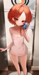 1girl ahoge alternate_costume alternate_hairstyle bare_arms bare_shoulders blue_archive blush breasts cleavage drink forehead hair_ornament hair_over_shoulder hairclip highres holding holding_drink huge_ahoge kk_(hkpc4287) long_hair looking_at_viewer naked_towel neru_(blue_archive) parted_bangs parted_lips red_eyes red_hair solo towel