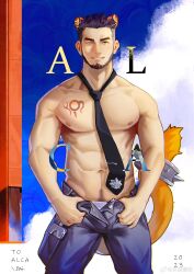 Rule 34 | 1boy, abs, absurdres, alca (wakatanka4), animal ears, bara, beard, black necktie, bulge, dailang12345, facial hair, highres, lion boy, lion ears, lion tail, male focus, male underwear, male underwear peek, mature male, muscular, muscular male, navel, navel hair, necktie, nipples, no shirt, open fly, original, seductive smile, short hair, smile, solo, stomach, tail, thick eyebrows, undercut, underwear, white male underwear