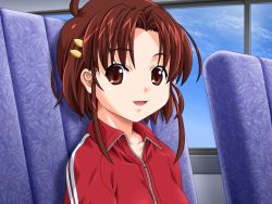 Rule 34 | 1girl, brown eyes, brown hair, bus, bus interior, chair, cloud, female focus, game cg, looking at viewer, mame, motor vehicle, short hair, sky, smile, solo, track suit, vehicle, window, yagai gakushuu