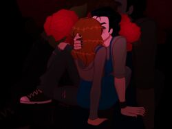 1boy 1girl apron black_hair black_nails blue_apron couple denim employee_uniform erin_ulmer final_destination_(movie) flower hand_on_another&#039;s_head highres ian_mckinley jeans kiss oddx pants pantyhose red_hair rose shoes sitting warner_bros.