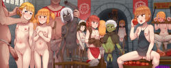 2boys 6+girls absurdres abubu blonde_hair blue_eyes breasts censored cleft_of_venus colored_skin dark_skin elf food fruit hetero highres loli mosaic_censoring multiple_boys multiple_girls navel nipples nude original penis pointy_ears pussy short_hair small_breasts weapon white_hair