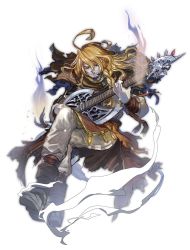 Rule 34 | 1boy, axe, blonde hair, boots, closed eyes, clothes lift, crossed legs, facial hair, fire, floating, ghost, guitar, hair lift, instrument, it&#039;s my life (narita imomushi), long hair, male focus, mature male, music, narita imomushi, pants, playing instrument, riot jhon reale bloodstreet, scarf, simple background, skirt, skirt lift, smile, solo, stubble, torn clothes, weapon, white background