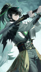 1boy black_hair black_pants chinese_clothes closed_mouth commentary cowboy_shot green_ribbon hair_between_eyes hair_ribbon hashtag-only_commentary highres holding holding_sword holding_weapon katana long_hair long_sleeves looking_at_viewer male_focus niahti pants ponytail qiuyuan_(wuthering_waves) ribbon shirt sidelocks signature solo sword very_long_hair weapon white_shirt wuthering_waves yellow_eyes