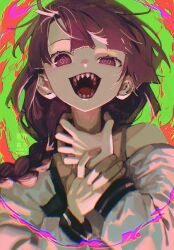 100387l 1girl :d @_@ blunt_bangs bocchi_the_rock! braid chromatic_aberration hair_over_shoulder half-closed_eye hands_on_own_neck hands_up highres hiroi_kikuri jacket long_hair looking_at_viewer off_shoulder open_mouth purple_eyes purple_hair sharp_teeth single_braid smile solo teeth uneven_eyes upper_body white_jacket