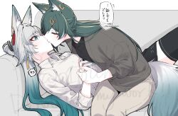 Rule 34 | !?, 2girls, animal ears, black shirt, black thighhighs, blue eyes, blue hair, closed eyes, collared shirt, commentary request, couch, feixiao (honkai: star rail), gradient hair, green hair, grey shirt, hair ornament, holding hands, honkai: star rail, honkai (series), jouhou, kiss, lying, mixed-language text, multicolored hair, multiple girls, on back, on couch, shirt, sitting, speech bubble, spoken interrobang, thighhighs, translated, white hair, white shirt, wolf ears, yukong (honkai: star rail), yuri
