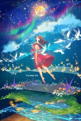 1girl aurora barefoot bird bug butterfly dress fish floating flower grass highres insect looking_up moon night night_sky original red_dress sky water yuumei